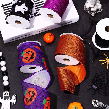 Whaline 6 Rolls Halloween Wired Edge Ribbon 2.5 Inch 30 Yards Glitter Purple Orange Black Ghost Boo Pumpkin Spider Printed Ribbon for Bow Wreath Craft Gift Wrap Party Decor