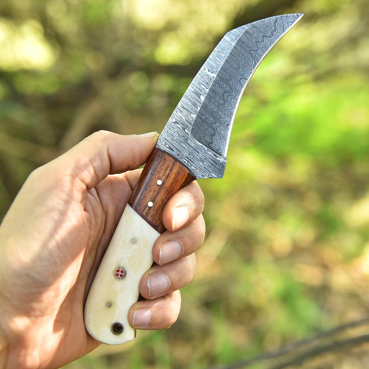 Trade Scorpio Handmade Damascus Lineman Hawkbill knife, Skinnning Knives, With Leather Sheath, Fixed Blade Knife, electrician knife with Bone Handle (Bone)
