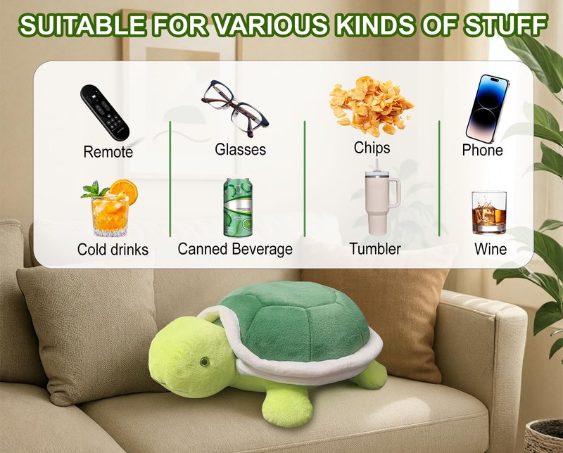 Couch Cup Holder Pillow Tray & Caddy,Headrest and Giant Turtle Stuffed Animal-For Sofa, Bed, Car，Camping, Double Smooth zippers for the shell, soft plush.Spill-Proof Machine Washable tray (23inches）