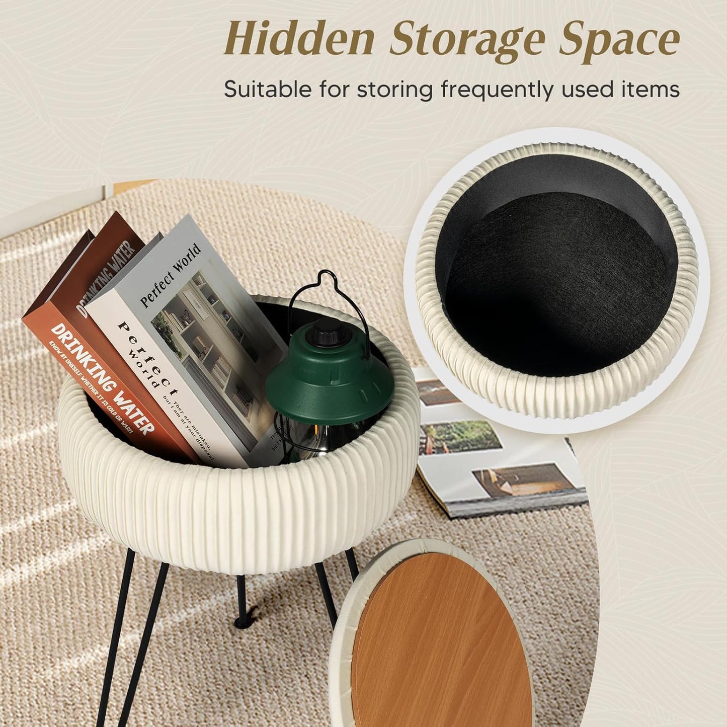 Velvet Vanity Stool with Storage, Round Ottoman Vanity Chairs with Anti-Slip Feet, Dressing Table Seat Foot Stool