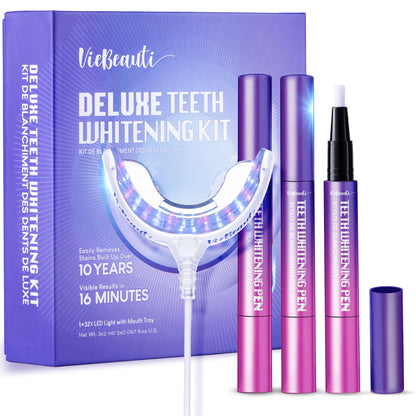 VieBeaut Teeth Whitening Kit – 32X LED Light + Gel Pen for Sensitive Teeth, Removes Stains from Food, Coffee, Wine & Smoking