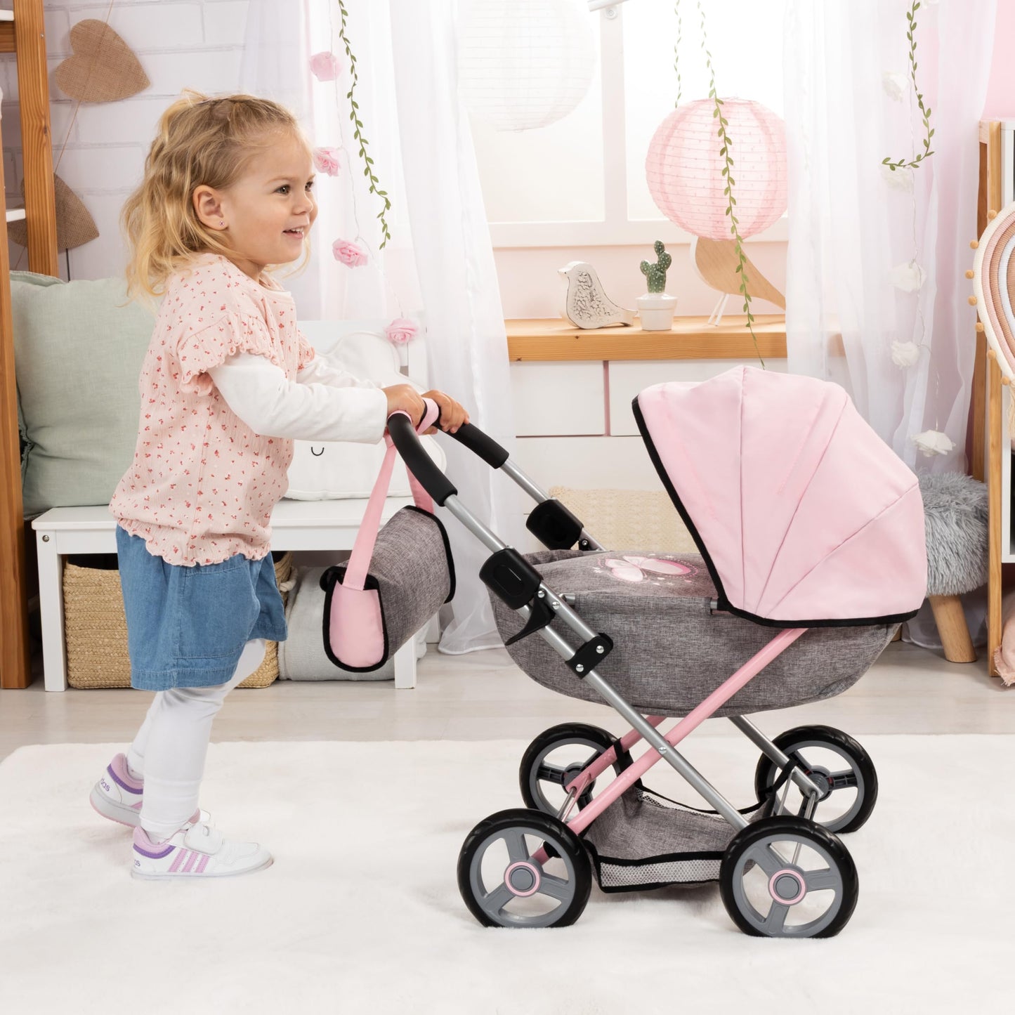Bayer Baby Doll Stroller Toy Set with Accessories - Pink/Grey Pretend Play Carriage for Toddlers & Kids up to 18 Inch Dolls