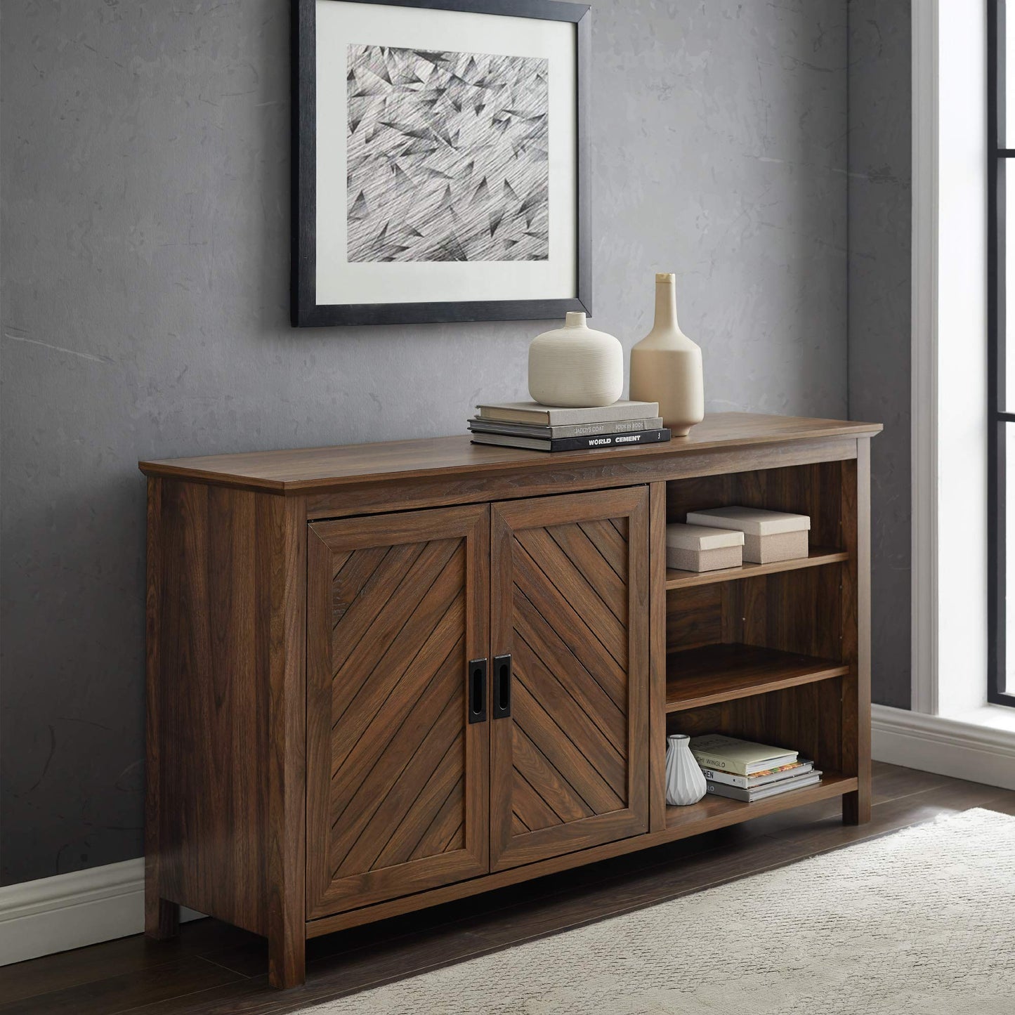 Walker Edison Modern Wood Grooved Buffet Sideboard with Open Storage Entryway Serving Storage Cabinet Doors Dining Room Console, 58 Inch, Dark Walnut
