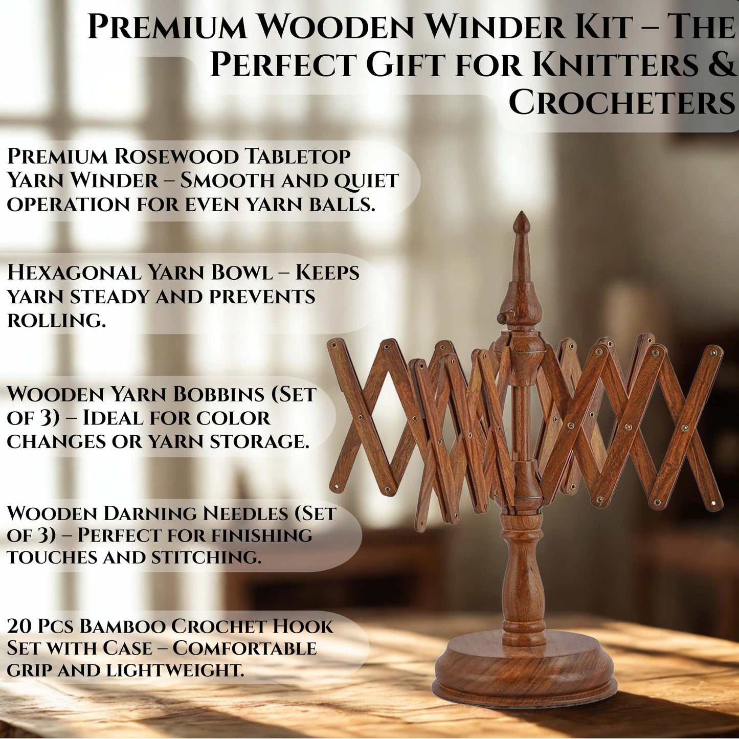 Brainmart Rosewood Yarn Winder & Swift with Wooden Yarn Bowl – 30pcs Crochet Kit | Handcrafted Wooden Ball Winder, Crochet Hooks Set, Bobbins, Weaving Needles for Knitting, Crocheting & Weaving