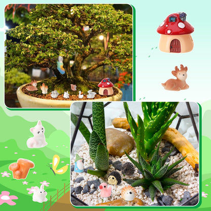 GGSTDDUP 54 Pcs Fairy Garden Accessories, Mini Resin Animals Figures, Miniature Table and Chairs, Bridge, Fence, Fairy House Kit with 50g Artificial Moss for DIY Craft Landscape Bonsai Glass Container