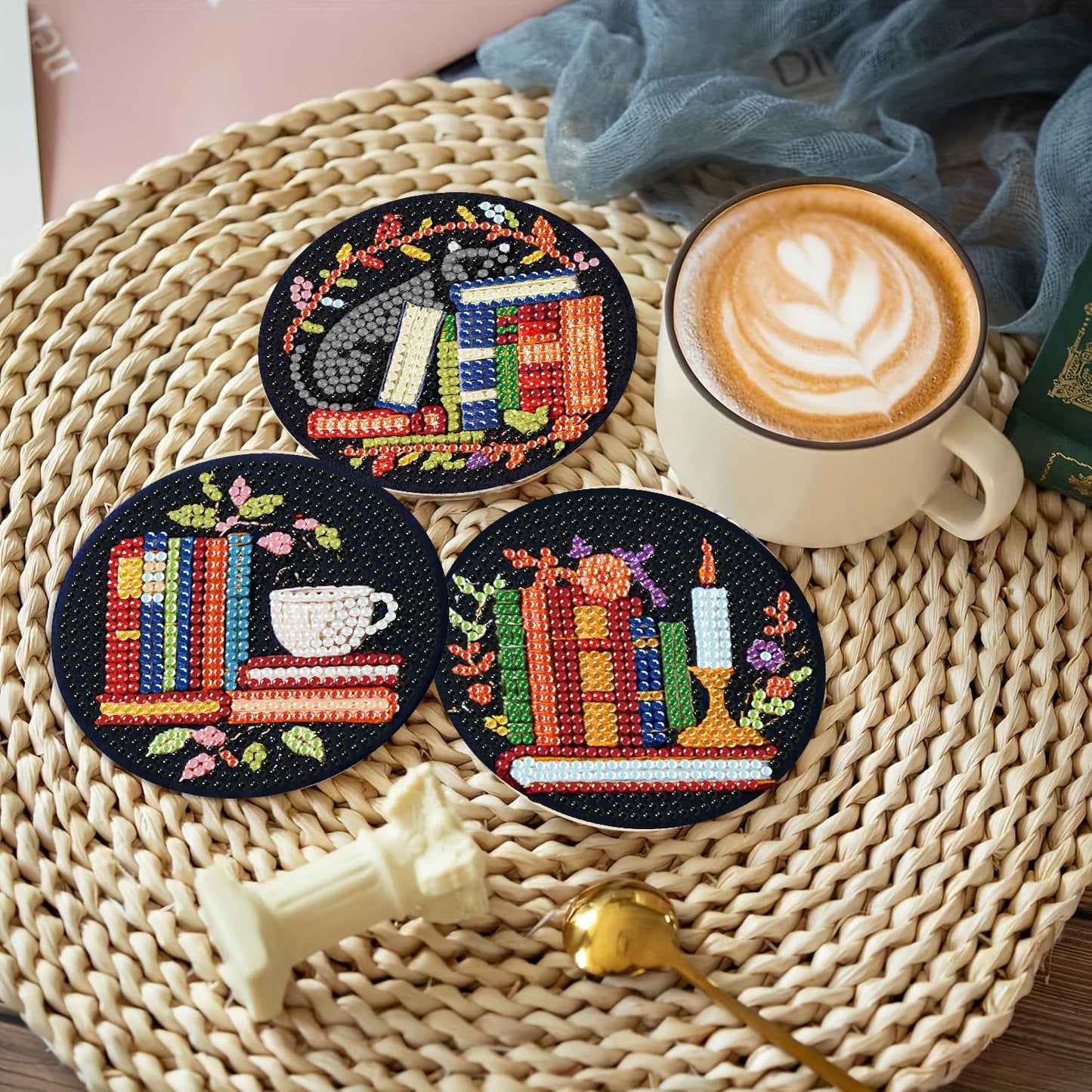 8 Pcs Bookshelf Diamond Art Coasters Kit - DIY 5D Small Diamond Painting Coasters with Holder, Mini Diamonds Arts Kits for Adults Coaster, Gem Art Arts and Crafts for Adults