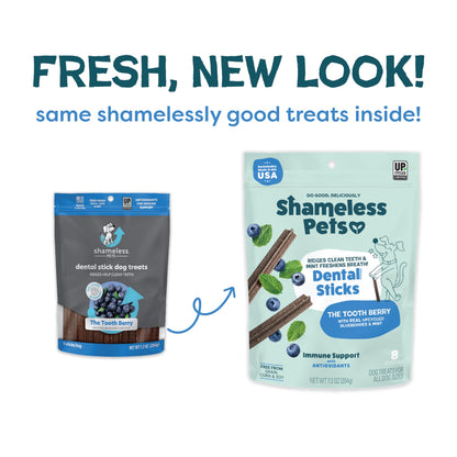 Shameless Pets Dental Treats for Dogs, The Tooth Berry - Healthy Dental Sticks with Immune Support for Teeth Cleaning & Fresh Breath - Free from Grain, Corn & Soy