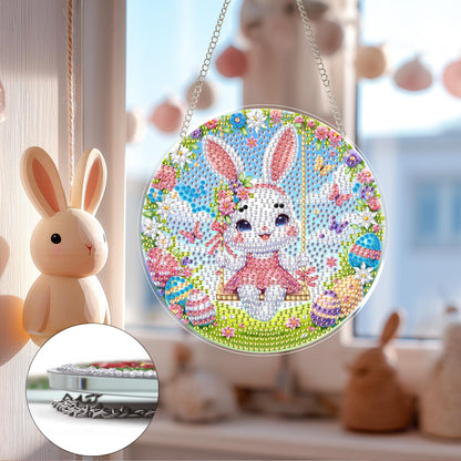 Eiflow Glass Diamond Art Kit Hanging Ornament, DIY Stained Glass Diamonds Painting Hanging Board Kit, Crystal Diamond Art Painting Easter Pendant Full Drill (Swing Bunny)
