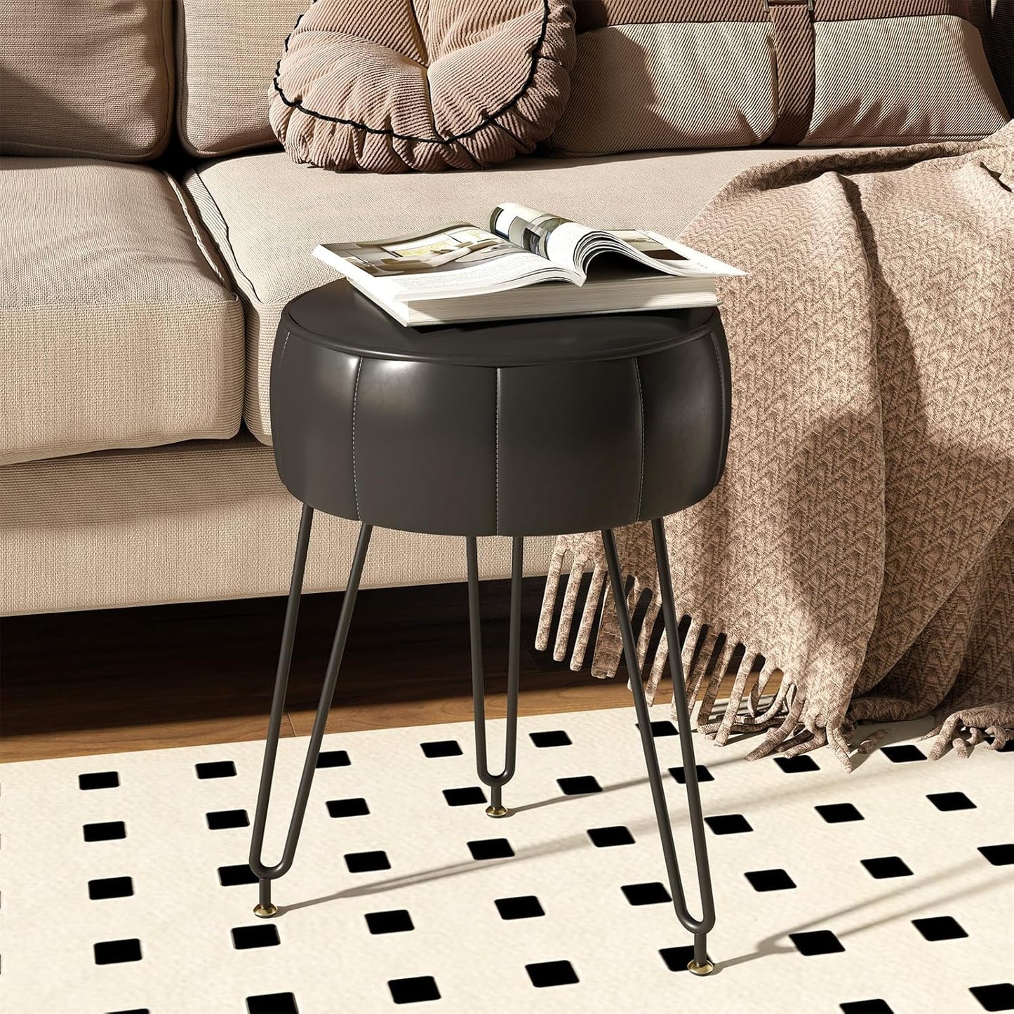 12.6" 12.6" 17.32" UHBD036B YMYNY Vanity Stool, Pumpkin Style Faux Leather Pouf, Modern Multifunctional Make-up Stool
