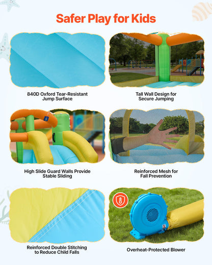 VEVOR Bounce House for Kids, Inflatable Bounce House with Air Blower, Water Slide, Bouncer Castle with Castle Bounces, Basketball Hoop, Splash Pool & Water Ring Toss, for 3 to 4 Kids Ages 3 to 8