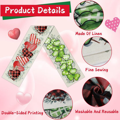 St. Patrick's Day Linen Table Runner Valentine's Day Table Runner Eucalyptus Hearts Lucky Shamrock Tables Decoration for Dinning Kitchen Home Party Decoration Supplies (13 x 72Inch)