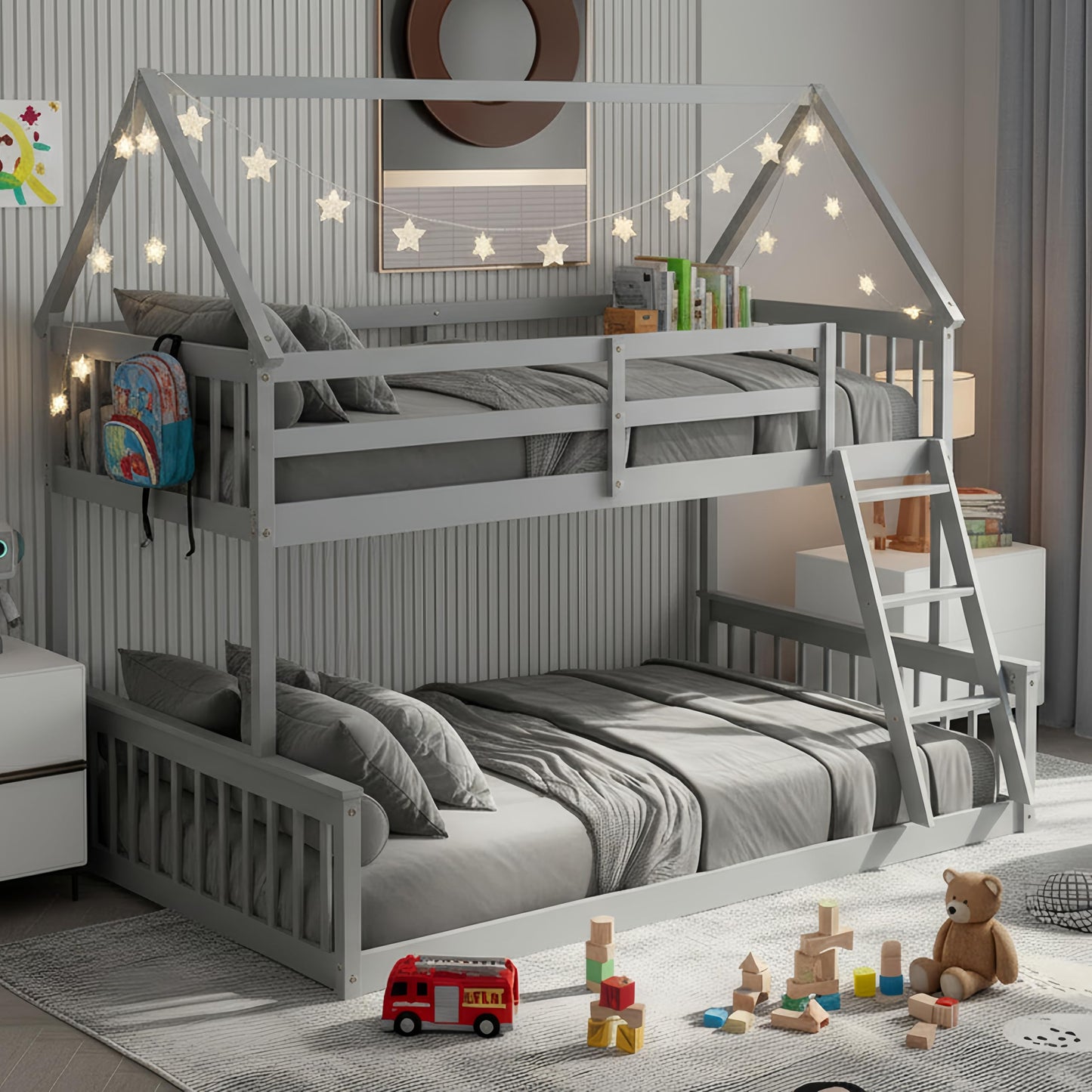 KOMFOTT Wood Twin Over Full House Bunk Bed with Built in Ladder, Solid Pine Wood Bunk Bed Frame with Safety Guardrails, House Bunk Bed Frame for Kids, Teens, Juniors, No Box Spring Needed (Grey)