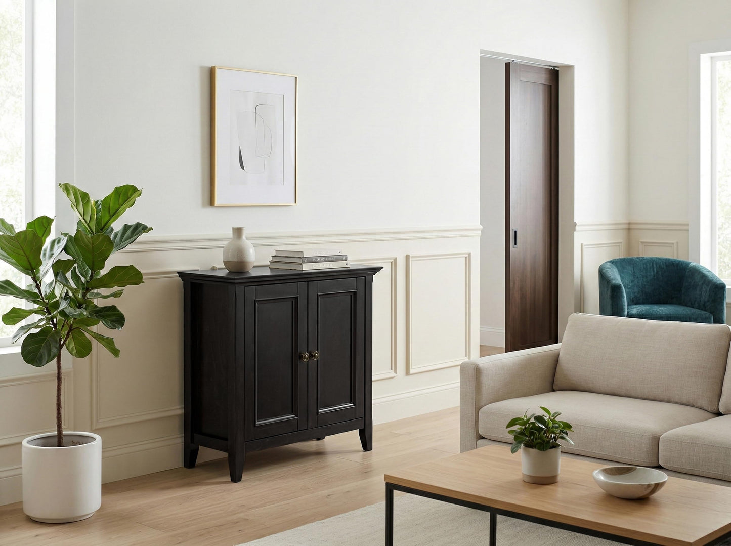 SIMPLIHOME Amherst 32-inch Wide Solid Wood Transitional-Style Low Storage Cabinet in Hickory Brown for Living Room, Entryway, or Dining Area with Adjustable Shelves