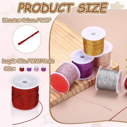 HARFINGTON 4 Roll 0.8mm Metallic Cords Thread,12 Ply Metallic Ornament Twine Non Stretch Tinsel String Rope for Jewelry Making Gift Wrapping, Pink/Purple/Red/Rose Red, 109.36Yards Total