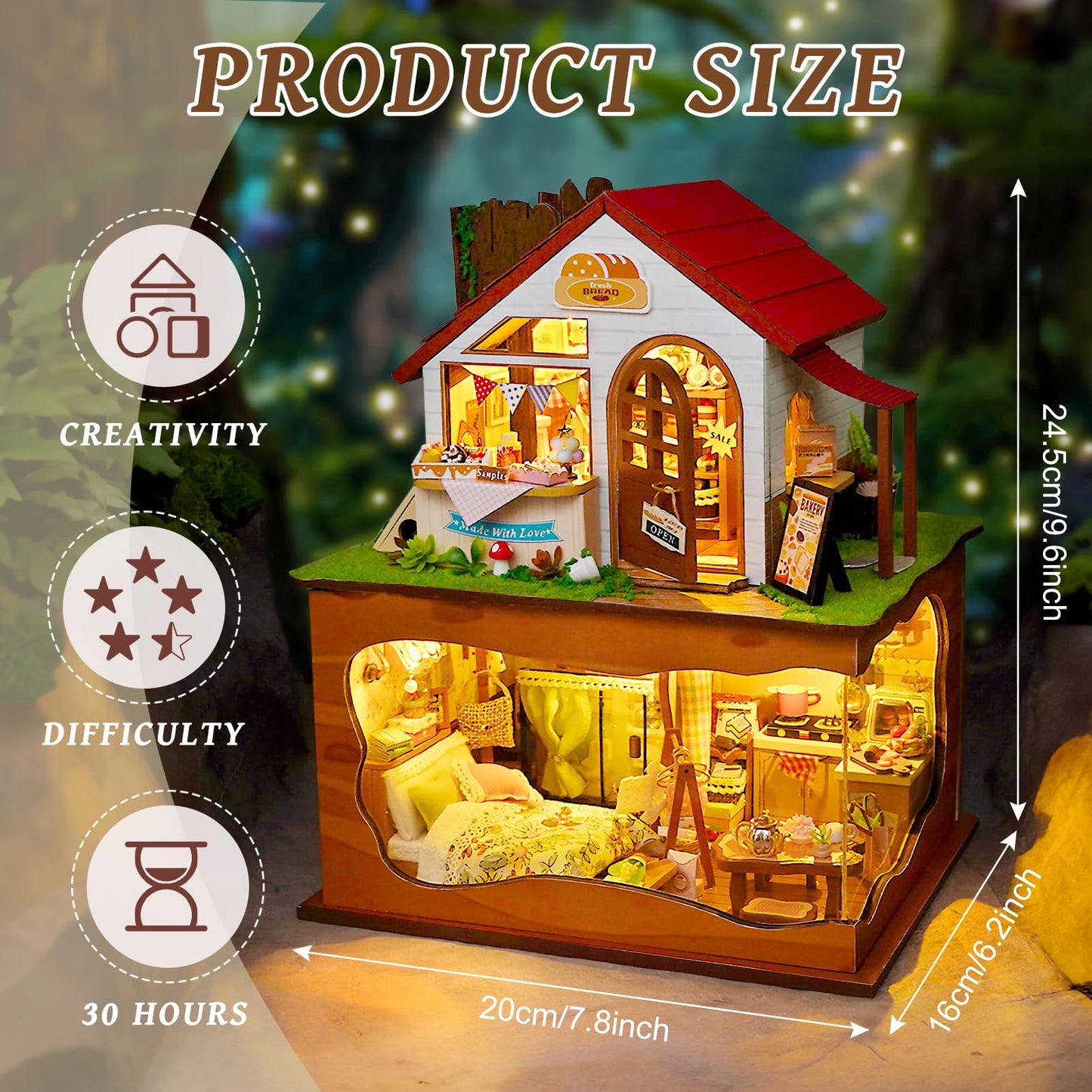 Foyucool Miniature House Kit, DIY Dollhouse Kits with Lights and Dust Cover, The for Family & Friends, Creative Craft Kit with Two-Story Bakery & Forest Basement