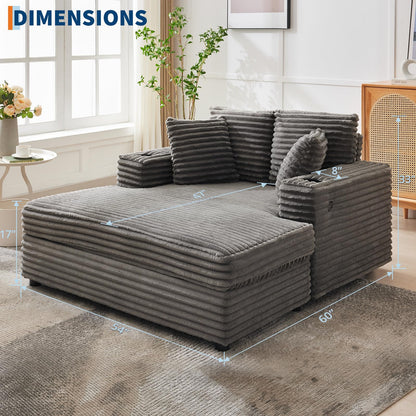 Garvee 60" Oversized Chaise Lounge Chair Indoor, Corduroy Upholstered Sleeper Sofa Bed w/Cup Holder & Charging Port, Cloud Couch Sofa Chair w/Throw Pillows & Wide Arms for Living Room, Bedroom, Gray