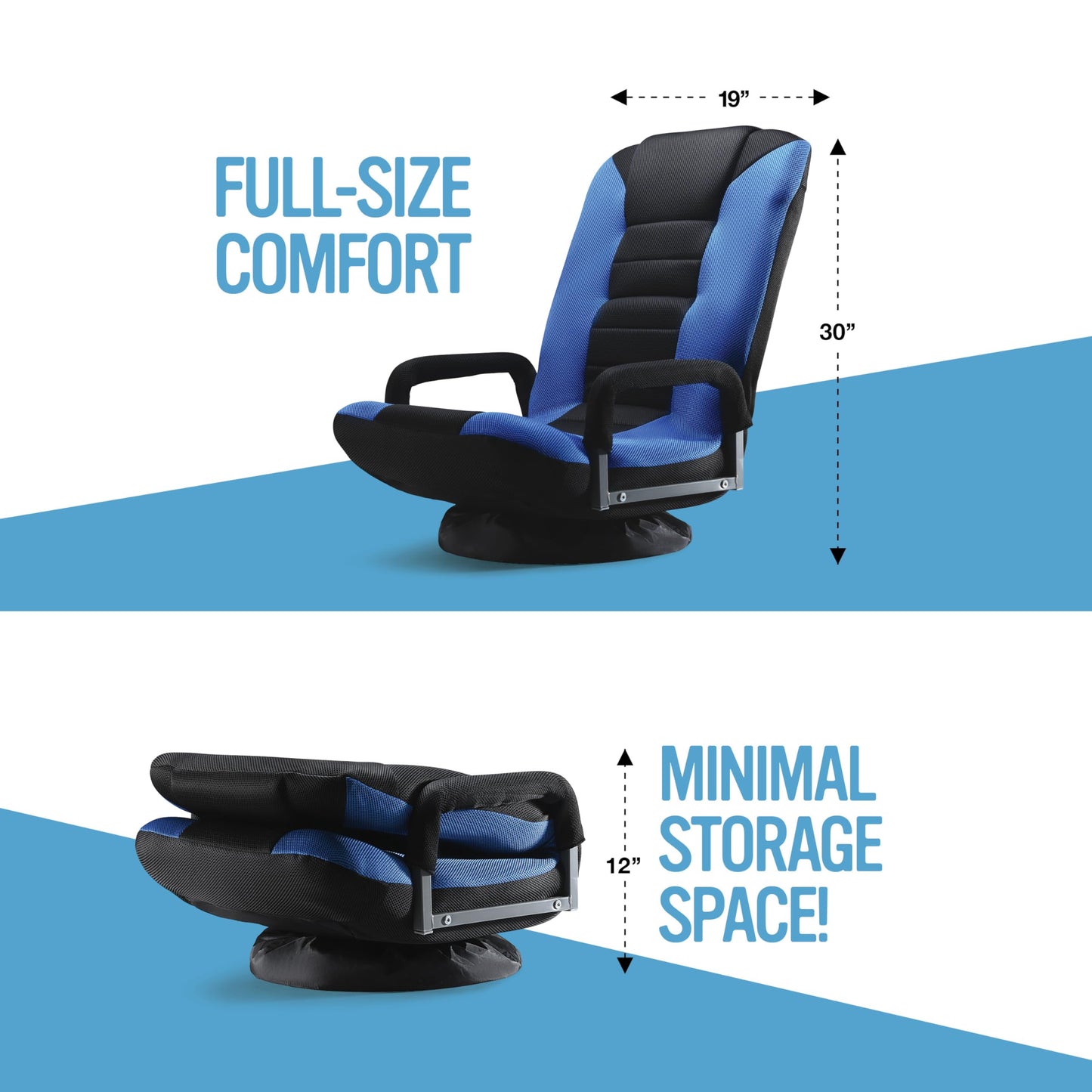 Maple99 Swivel Gaming Floor Chair - Enjoy 6 Different Positions, Adjustable Lumbar Support, Removable Polyester Cover & Arm Rests, Folds to Store, Stylish Blue with Black Center Stripe
