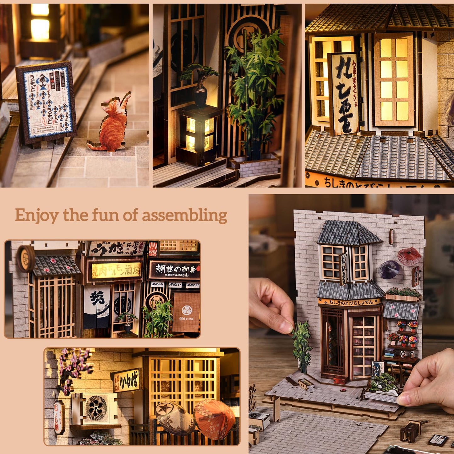 Reenovan Book Nook Kit, DIY Miniature House Kit for Adults & Teens, Japanese Alley Scene Bookshelf Insert Decor with LED, 3D Wooden Puzzle Gift for Book Lovers (Cat Alley)