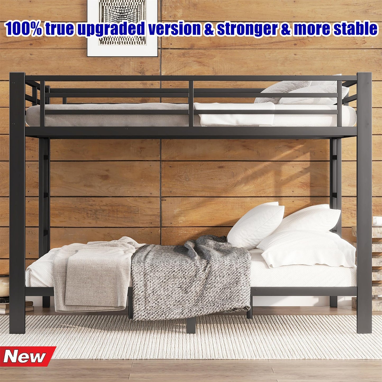 SICONE Stronger & Upgraded Heavy Duty Metal Bunk Bed Frame Queen Over Queen Size, Safer Thickened More Stable Steel Bunkbed (Black,Queen Over Queen)