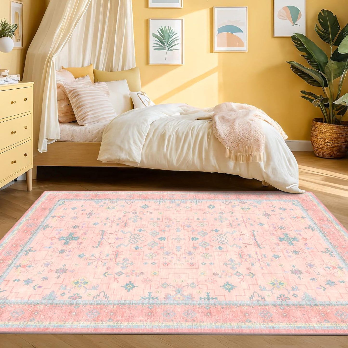 Oushak Floral Vintage Pink Area Rug - 5x7 Washable Low Pile Carpet for Kids' Playroom & Nursery