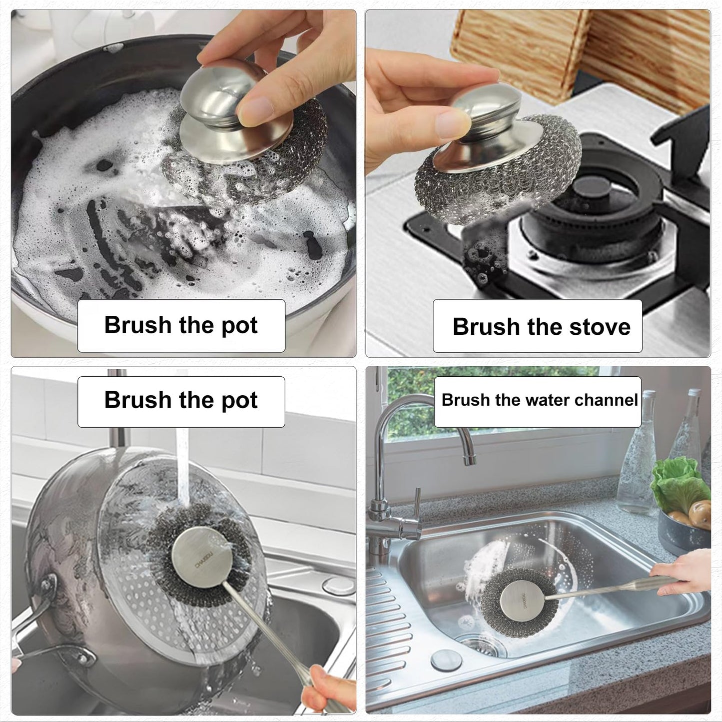 CHAXIDU Stainless Steel Wool Scrubber Set, Long Handle & Handle Brushes,Metal Brush for Pots, Pans, Grills & Cutlery Cleaning (3 Pack)