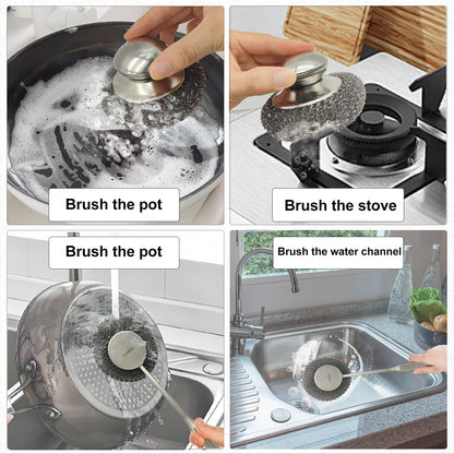 CHAXIDU Stainless Steel Wool Scrubber Set, Long Handle & Handle Brushes,Metal Brush for Pots, Pans, Grills & Cutlery Cleaning (3 Pack)