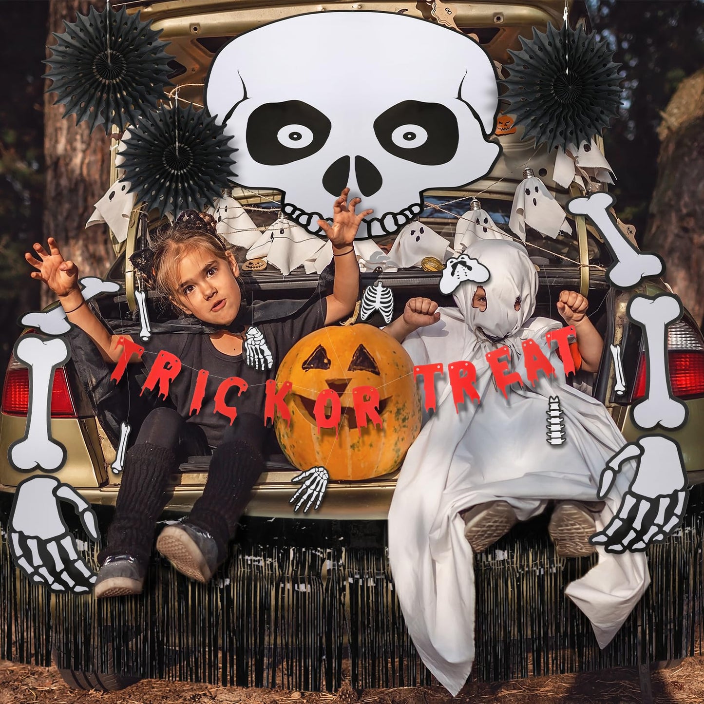 Yeaqee 32 Pcs Halloween Trunk or Treat Car Decorations Kit Skeleton Trunk or Treat Decorating Kit for Halloween Party Car SUV Decor