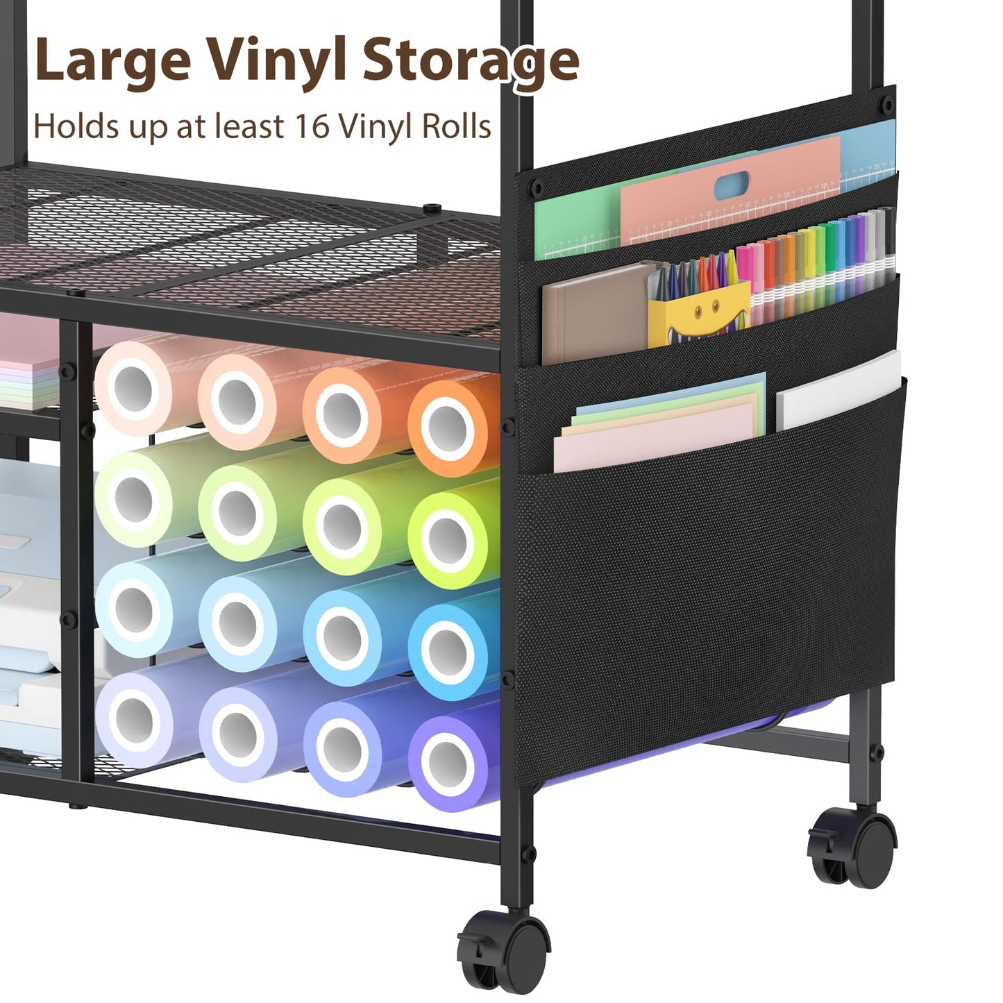 VEOSIR Craft Cart with Vinyl Roll Holder, Organizer & Storage Table for Cricut Machine with Drawer,Mobile Craft Organization and Storage Cart,Crafting Table Accessories Holder for Craft Room Black