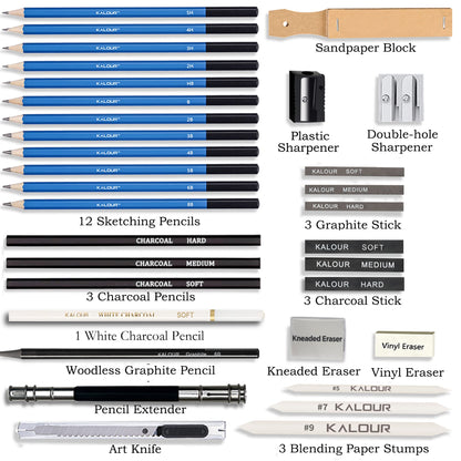 KALOUR 33 Pro Drawing Kit Sketching Pencils Set,Portable Zippered Travel Case-Charcoal Pencils, Sketch Pencils, Charcoal Stick,Sharpener,Eraser.Art Supplies for Artists Beginner Adults Teens