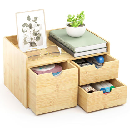 Wisuce Desk Organizer with Drawers - Bamboo Desktop Organizer Storage Natural Wood Desk Drawers Organizer for Bills, Office Supplies, Cosmetics, Seals No Assembly Required 3 Drawers（left-right)
