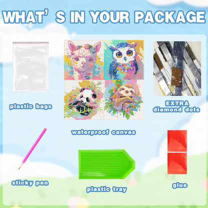 4 Pack 5D Diamond Painting Kits for Kids Ages 3-12 - Each 5.91x5.91 Inch - 4 Animal Designs (Alpaca, Owl, Panda, Sloth) - DIY Educational Toys for Children Girls & Boys to Develop Focus & Creativity