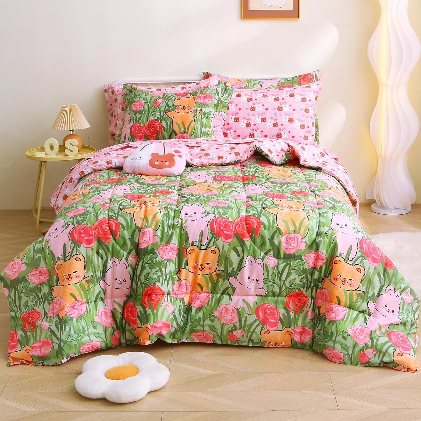 Sets 6 Set Set Mooreeke Twin Size Comforter for Girls Kids, Pieces Bed in a Bag Garden Cute Rabbit Floral Bedding