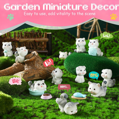 14 Pcs Cat Figurines Cute Miniature Figures Mini Cat Cake Toppers Moss Landscape Waterproof Resin Kitten Garden Miniature Terrarium Figurines for Garden Home Party Cake Decor Supplies (Gray)