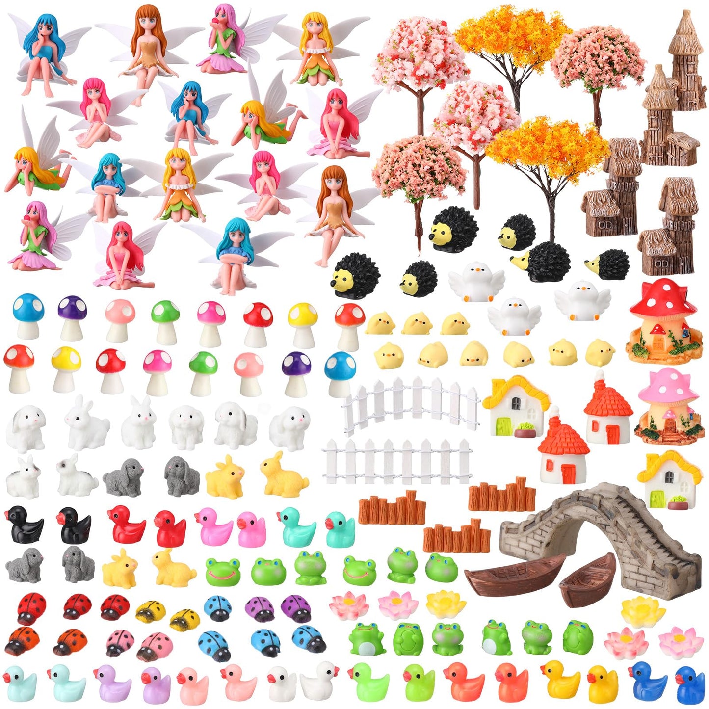 Seenelling 150 Pcs Fairy Garden Accessories Miniatures Figures Kit Micro Landscape Resin Mushroom Animals Fake Pond Lawn Bridge Garden Decoration