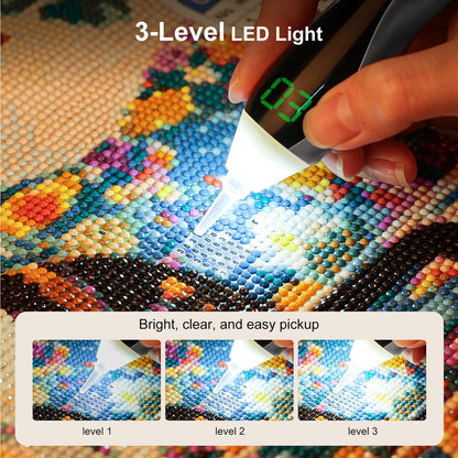 Diamond Art Kits for Adults, Electric Diamond Art Pens with Light, 3 Suction & 3 Brightness Levels, Wireless & Rechargeable Diamond Painting Pen, LED Display, Vacuum, Quiet, Ergonomic (Silver)