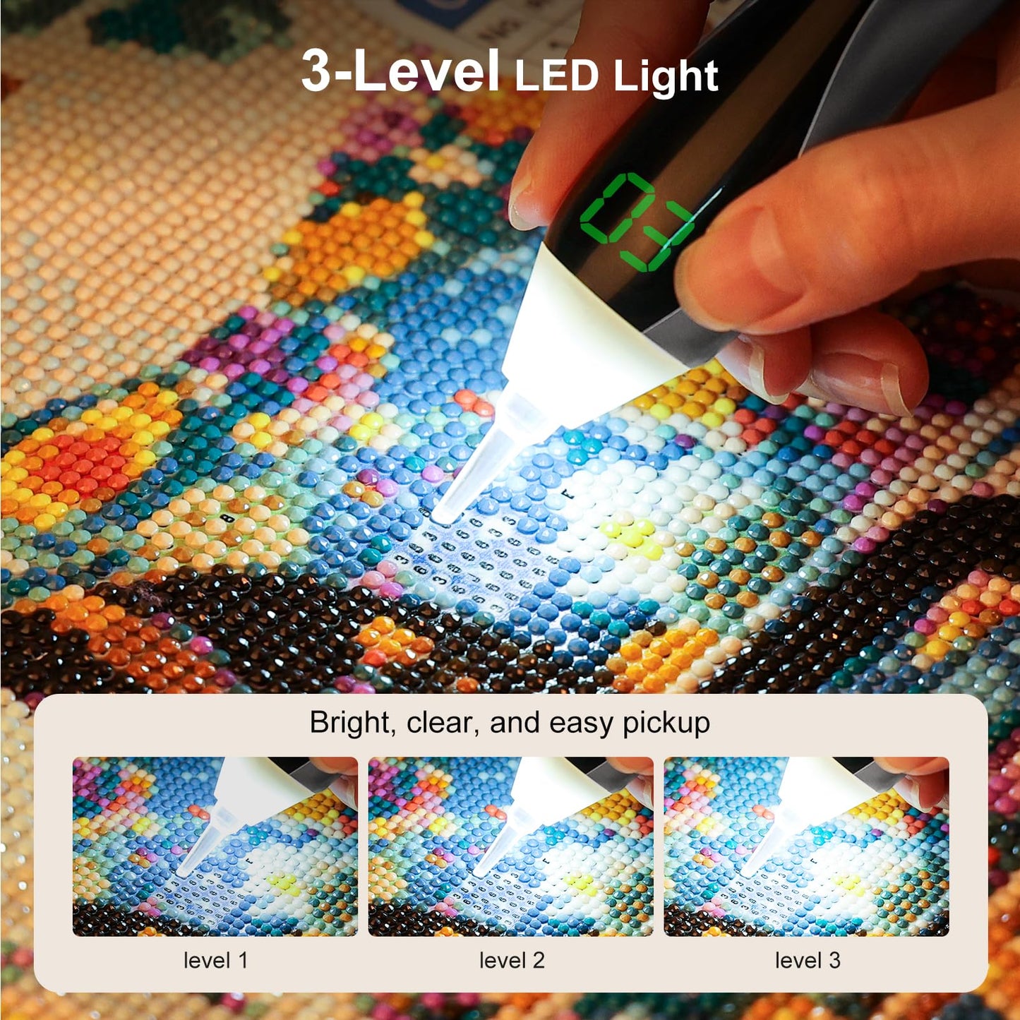 Diamond Art Kits for Adults, Electric Diamond Art Pens with Light, 3 Suction & 3 Brightness Levels, Wireless & Rechargeable Diamond Painting Pen, LED Display, Vacuum, Quiet, Ergonomic (Silver)