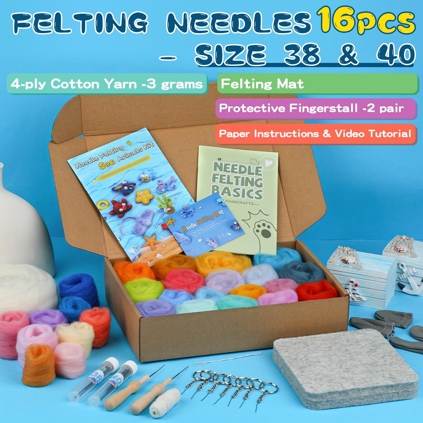 Fedmut Needle Felting Kits for Beginners Adult 12 Sea Animal Supplies with Wool Roving, Felt Art Kit, Wool Felting Kit for DIY Craft Home Decoration Party Supplies for Starters