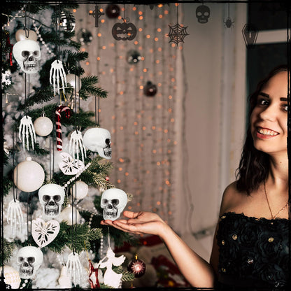 Poen 24 Pcs Mini Horror Halloween Skull Hanging Tree Gothic Ornament Skull Plastic Mini Small Skeleton Head Decoration Spooky Hanging Ornament for Halloween Party Supplies(Black Bow)