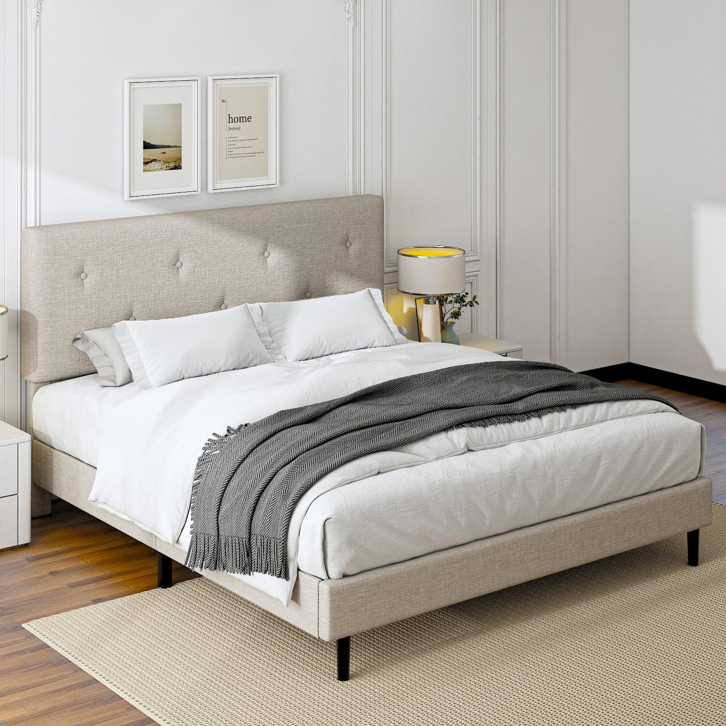 Mxhtcewz King Size Linen Bed Frame, Upholstered Platform Bed Frame with Adjustable Headboard, Wooden Slats Support, Easy Assembly, No Box Spring Needed, Beige