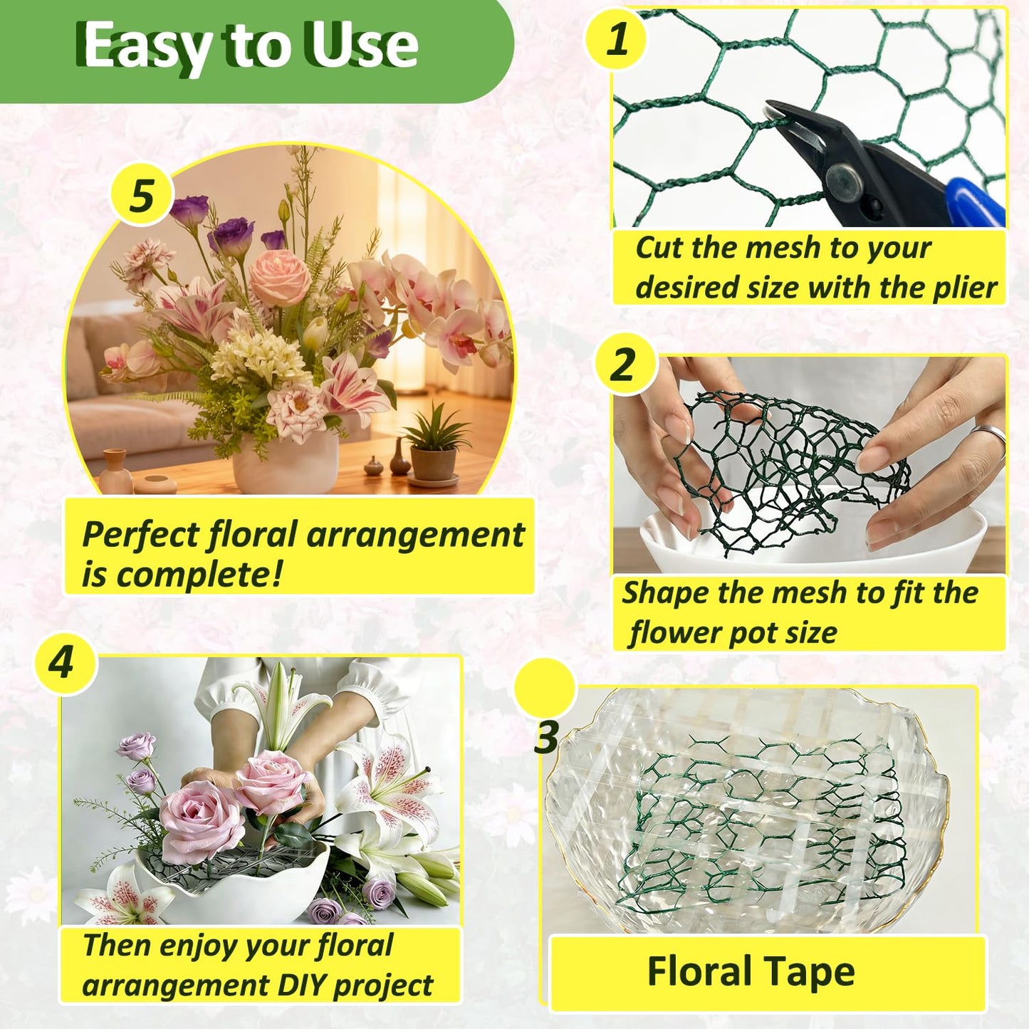 Floral Chicken Wire for Craft Kit, 4" x 396" Lightweight Chicken Wire for Floral Arrangement, Hexagonal Galvanized Chicken Wire Netting with Floral Tape, Plier, Tie, Gloves(Silver,4" x 396")