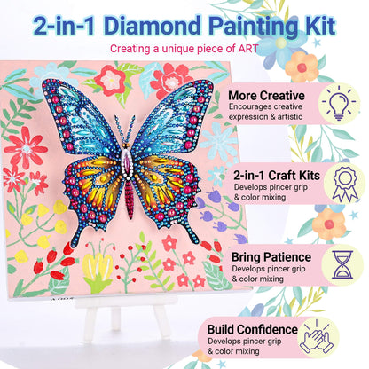 SOLDAY 2-in-1 Butterfly Diamond Painting & Paint by Number Kit for Kids and Beginners, Birthday Gifts for Age 6 7 8 9 10 Girls, DIY Gem Crafts Butterfly Kit with Plastic Easels for Home Decor