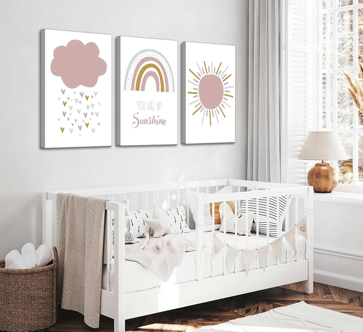 3 Pcs Boho Nursery Canvas Wall Art You Are My Sunshine Pink Sun Rainbow Cloud Painting Pictures Wall Decor Poster Print