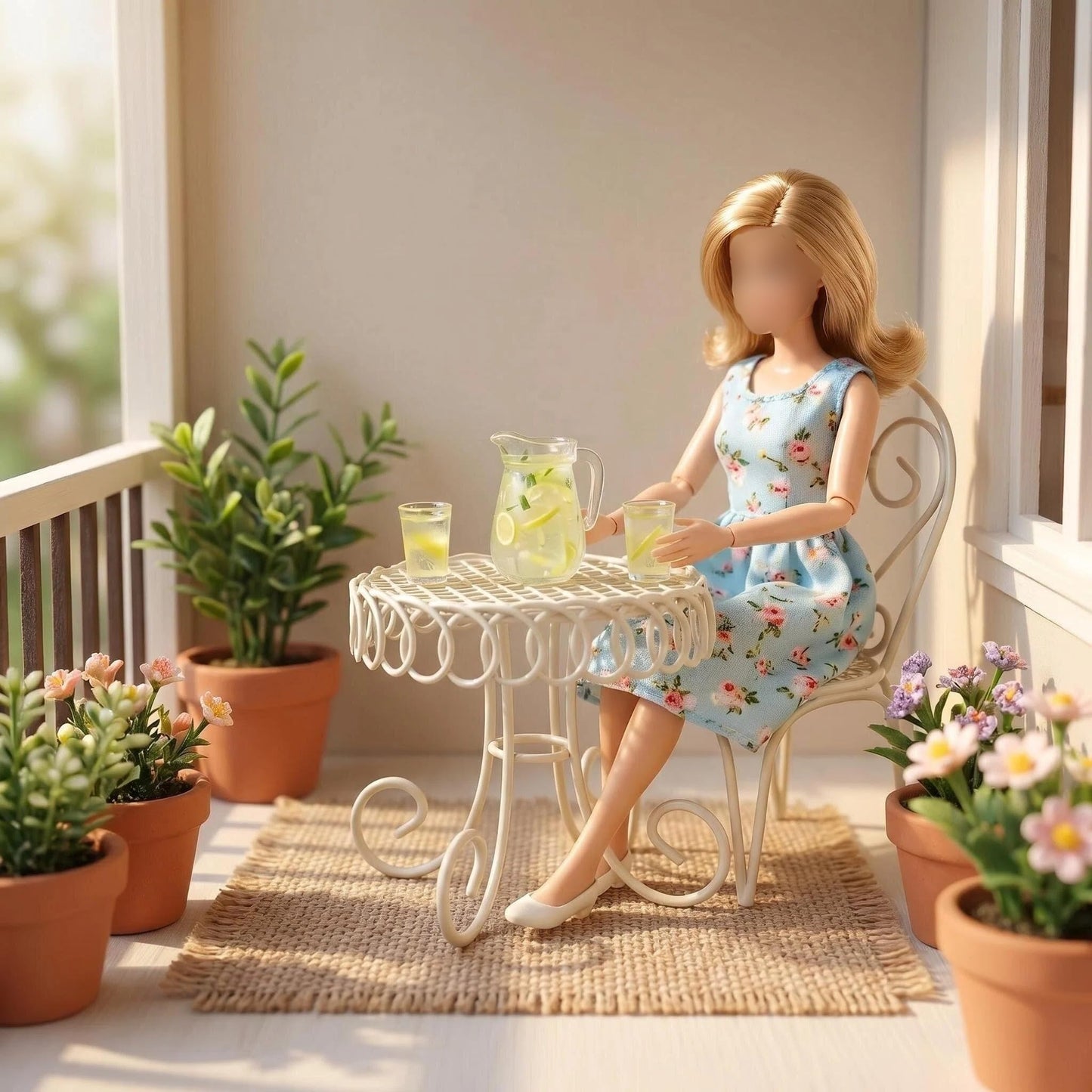 6 PCS Dollhouse Miniature Bistro Table & Chairs Set with Lemonade Pitcher and Cups 1 12 Scale Metal Furniture Fairy Garden Kitchen Decoration Accessories