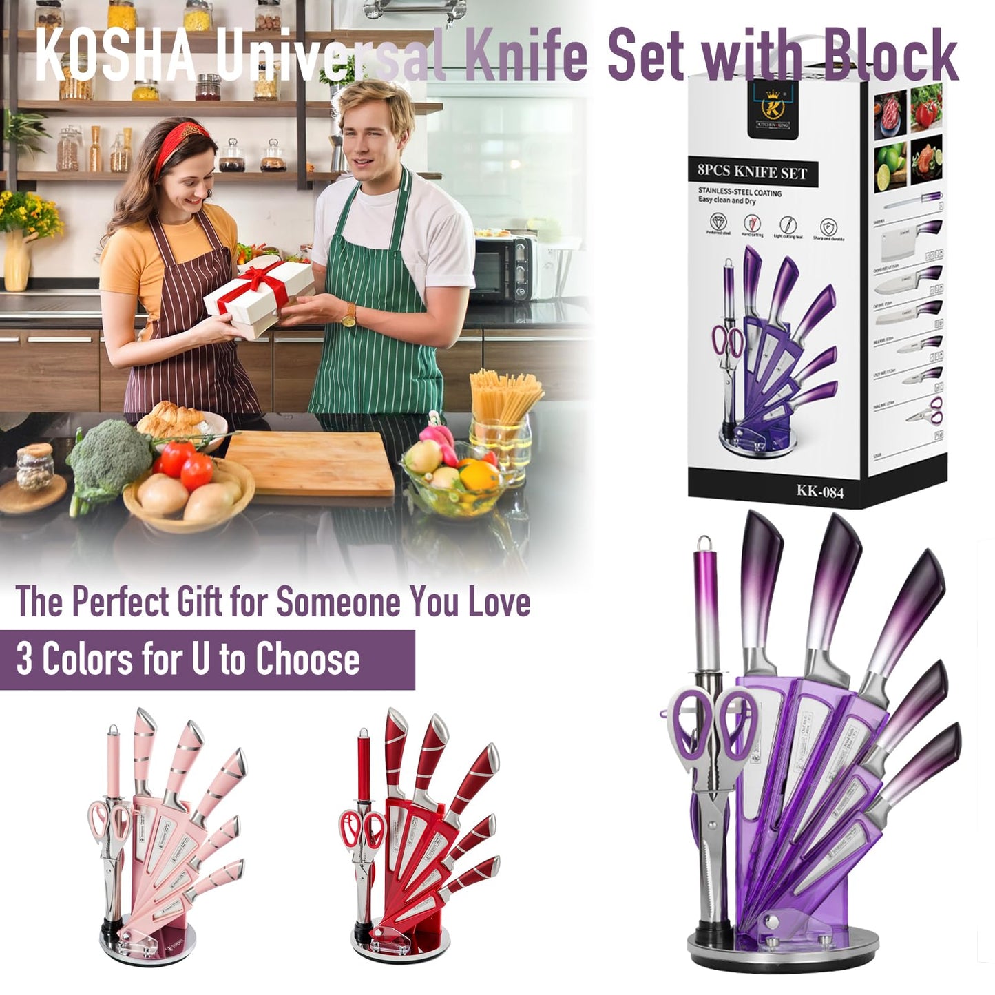 KOSHA Kitchen Knife Set, 9 Piece Knife Set with Block, with Sharpener, High Carbon Stainless Steel Accessories for Kitchen, Rust Proof, Non-Stick Coated, Ergonomic Hollow Horseshoe-shaped Handle