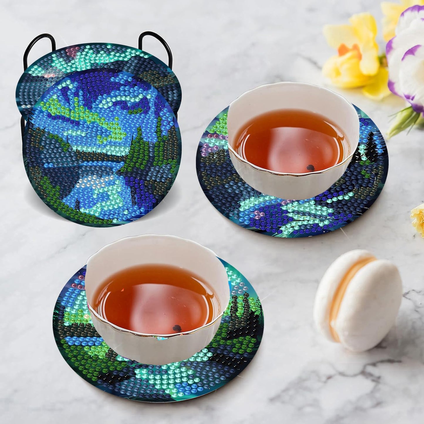 Northern Lights 8 Pcs Diamond Art Coasters Kits for Adults with Holder Cork Pads, DIY Non-Slip Diamond Painting Coasters for Home Office Decor 4x4in (Aurora)