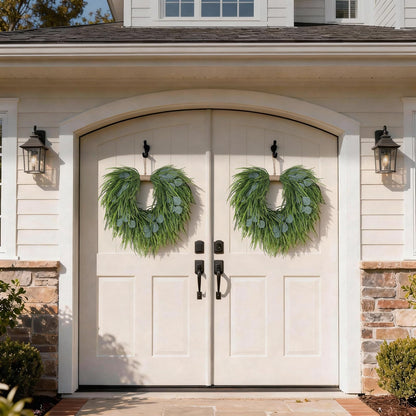 Artificial Saw Grass & Eucalyptus Wreath for Front Door, 22" Faux Saw Grass Fake Eucalyptu Greenery Hanging Heart Shaped Wreath for Wall, Farmhouse, Window,Home Decor | Spring Summer