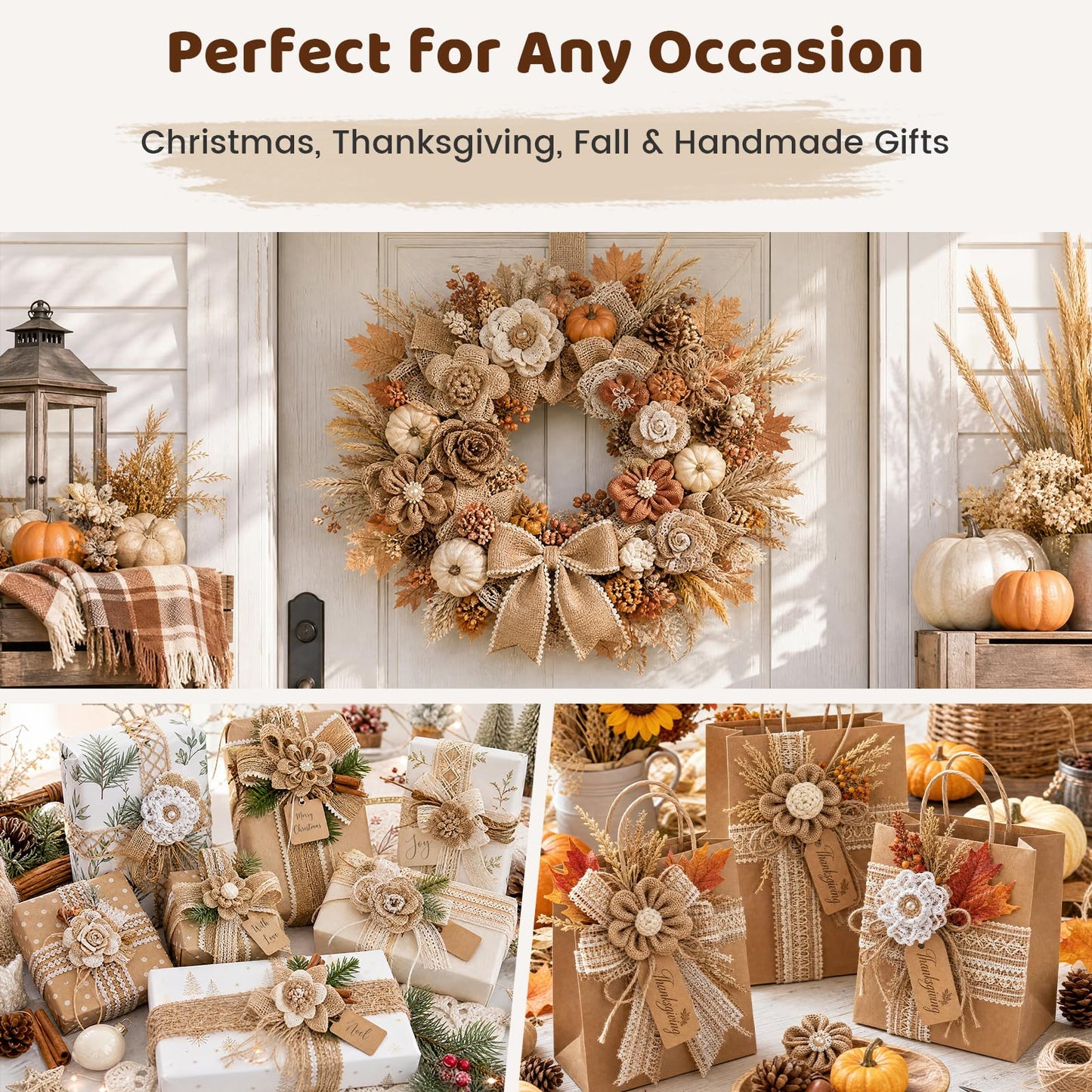 VGOODALL 16 PCS Natural Burlap Flowers Set, Including 12 PCS Handmade Lace Flowers and Bowknots, 4 Rolls Burlap Ribbon for Christmas Birthday Party Wedding Home Embellishment DIY Crafts