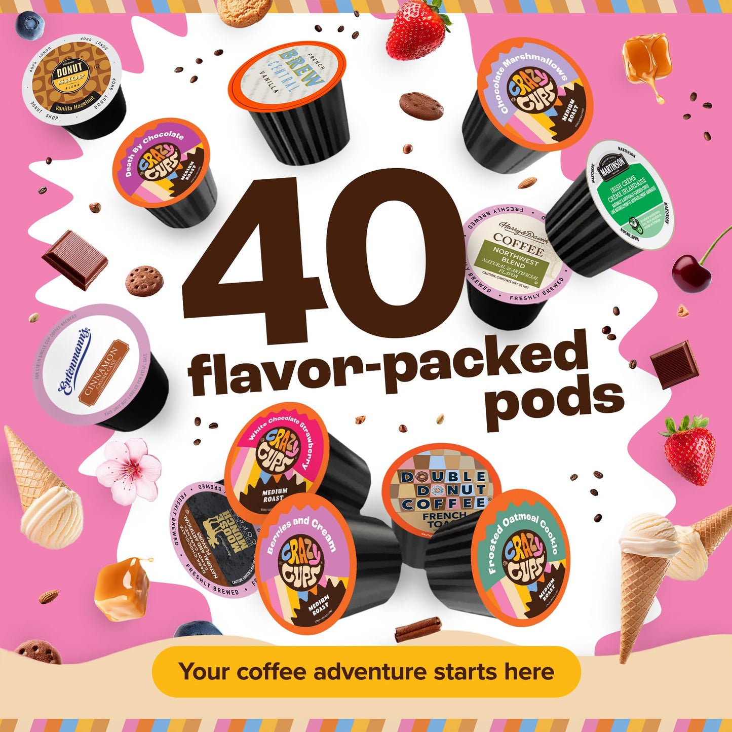 Flavored Coffee Pods Variety Pack for Keurig K Cups Brewers, Assorted Flavored Coffee Sampler, 40 Count
