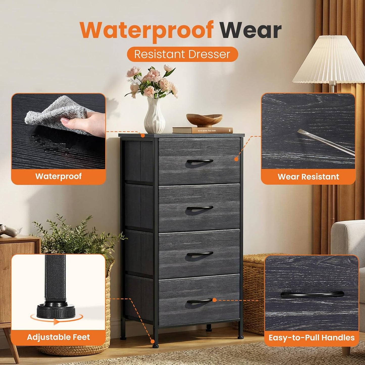 4 Closet,Entryway,Dorm,Black Sweetcrispy Nightstand Small Bedroom Dresser with Fabric Drawers,Bed Side Furniture End