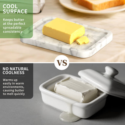 XenMee Marble Butter Dish with Lid, Elegant Large Capacity Butter Holder for Countertop & Refrigerator – Natural Cool Surface Keeps Butter in an Ideal Spreadable State – White Butter Container